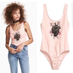 H&M COACHELLA Pink Bodysuit with a Black Heart EUC